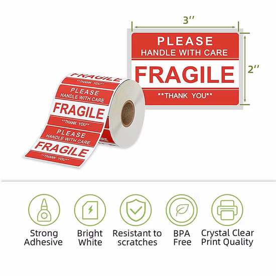 Custom Printing 2"X3" 500 Labels/Roll Fragile Handle with Care Warning Sticker for Packing Thank You Shipping Fragile Label